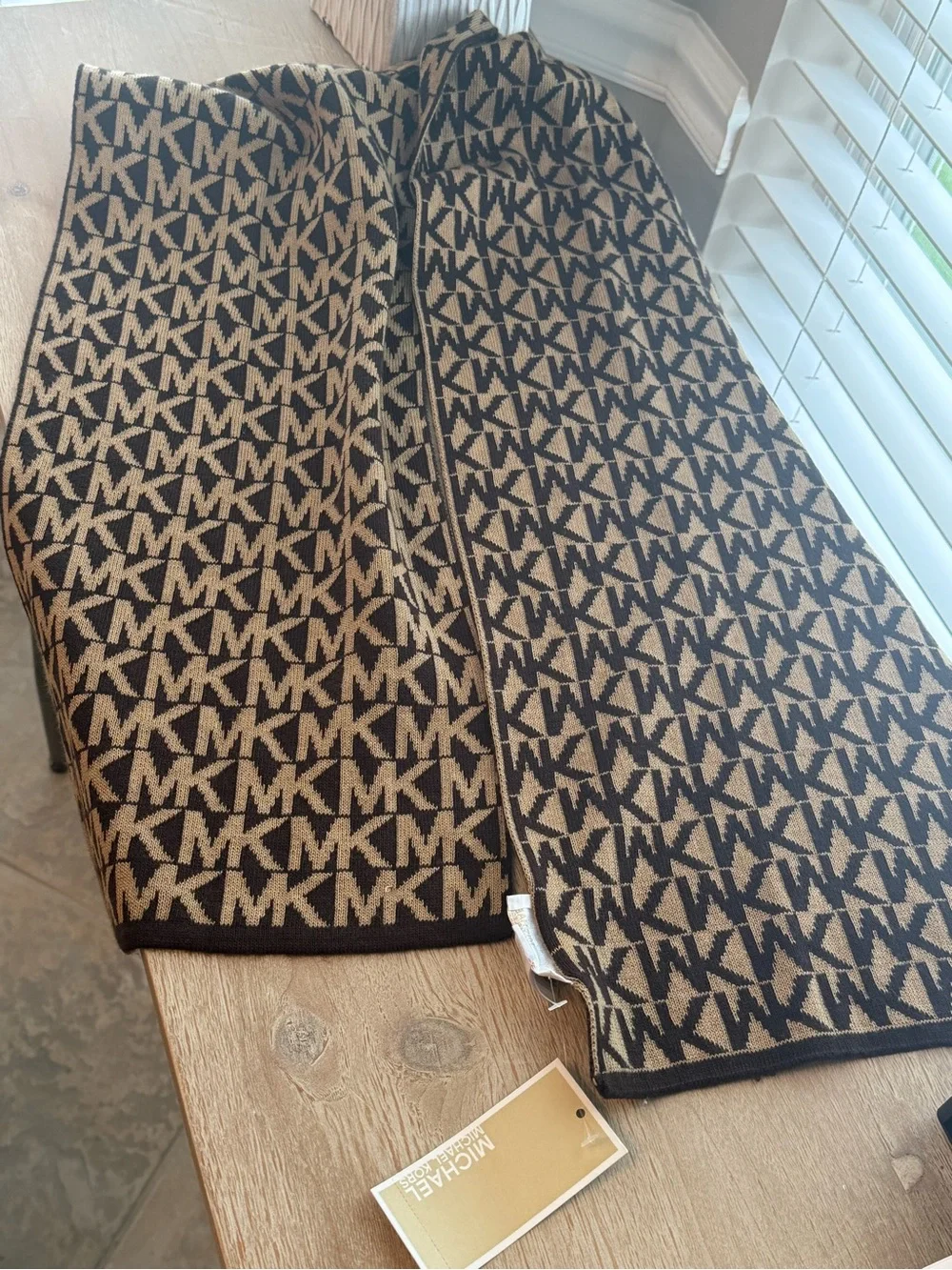 NWT Michael Kors MK Logo Knit Scarf Brown Tan Monogram Reversible